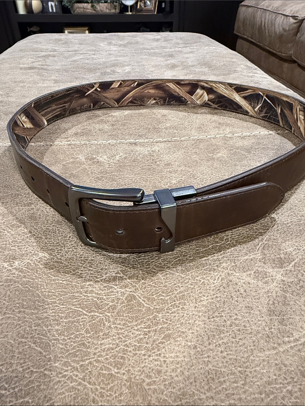 Mossy Oak Brown Leather Belt with Camo Lining and Gunmetal Buckle. 2 sided belt